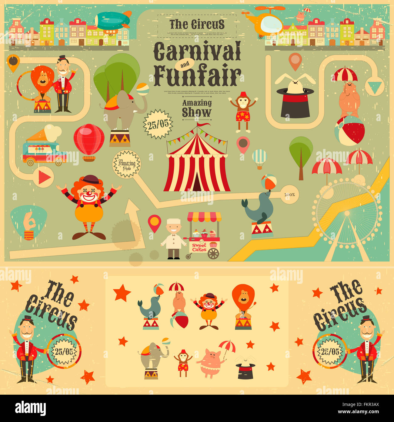 Fete Foraine De Cirque Et Carnaval Poster Dans Un Style Vintage Style De Dessin Anime Les Animaux De Cirque Et Des Caracteres Photo Stock Alamy