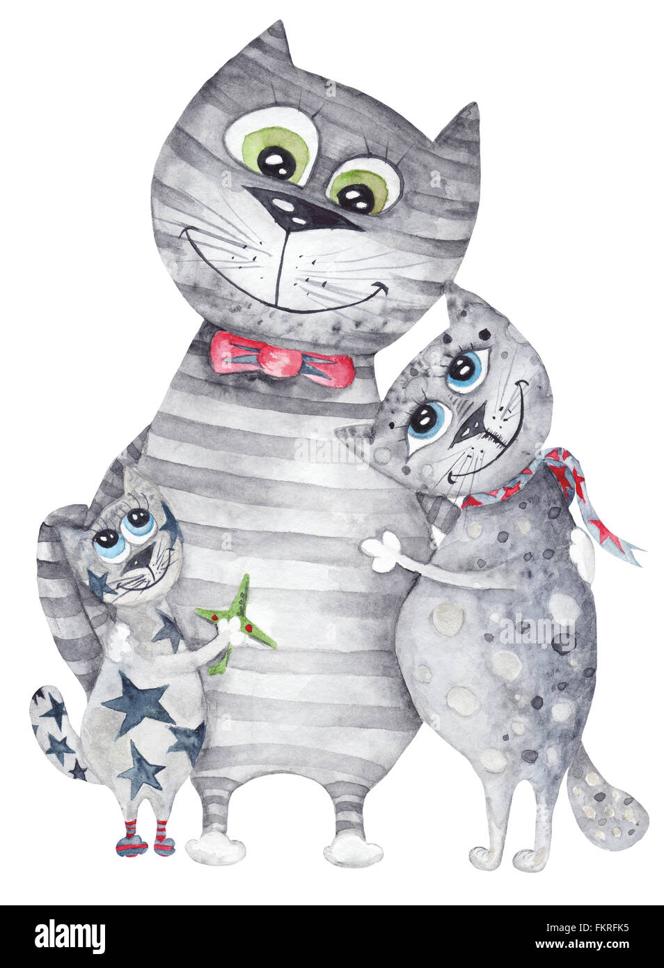 Aquarelle détaillée Funny cartoon illustration peinte à la main avec cat père, mère et fils sur fond blanc Banque D'Images