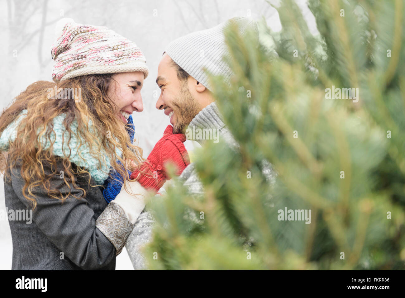 Couple hugging at Christmas Tree Farm Banque D'Images