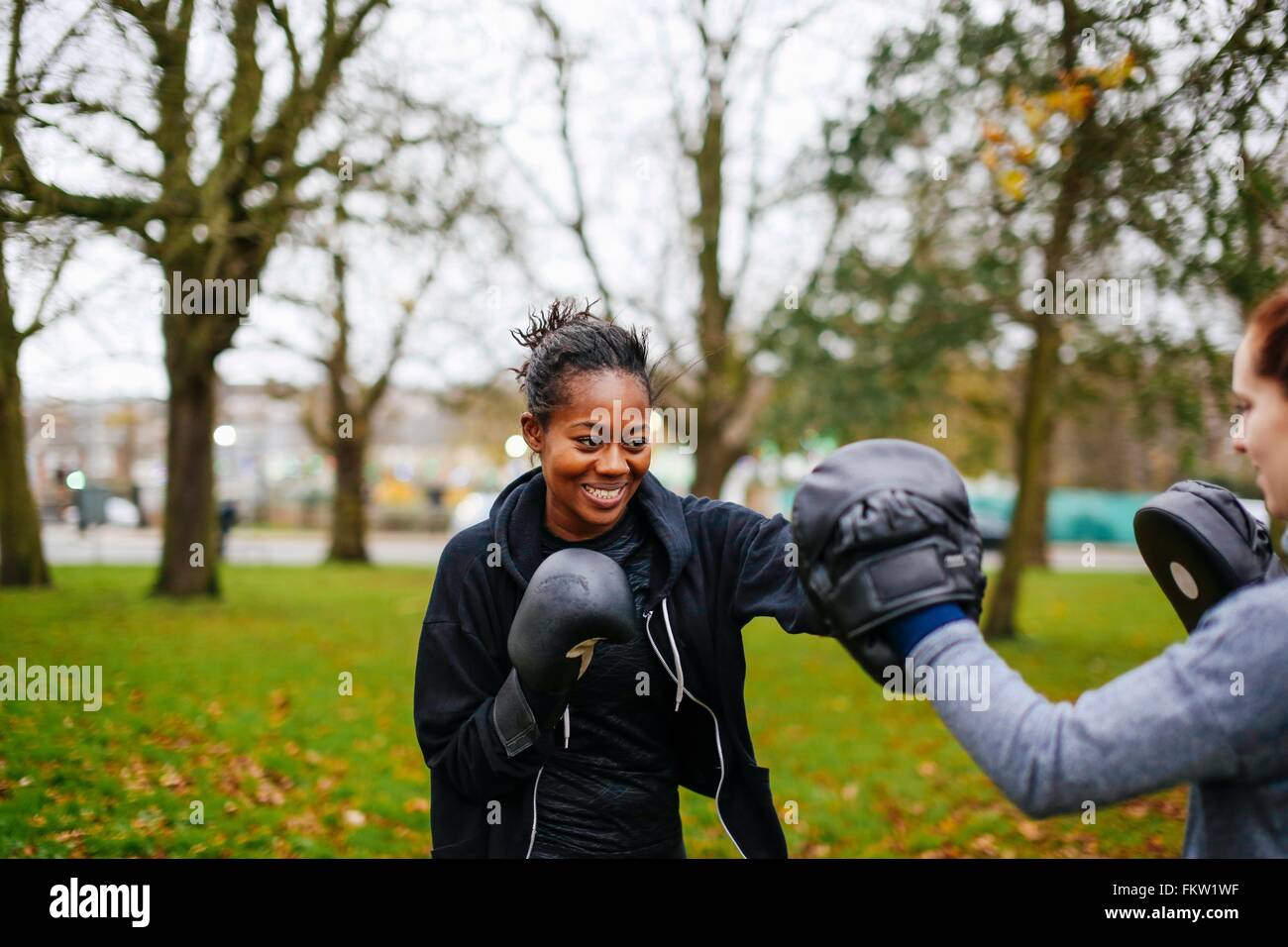 Les jeunes femelles adultes formation boxeurs together in park Banque D'Images