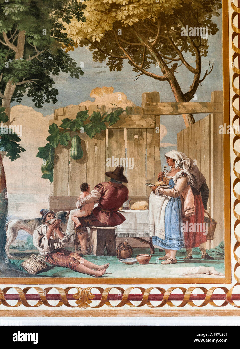 Villa Valmarana ai Nani, Italie. Fresque de Giandomenico Tiepolo dans La Foresteria (guesthouse). Repas de famille Banque D'Images