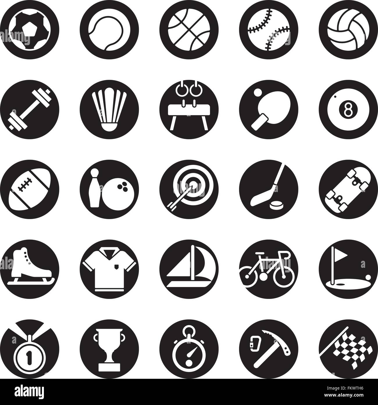 Collection de 25 circulaire noir solide et gymnastique sports icons Illustration de Vecteur