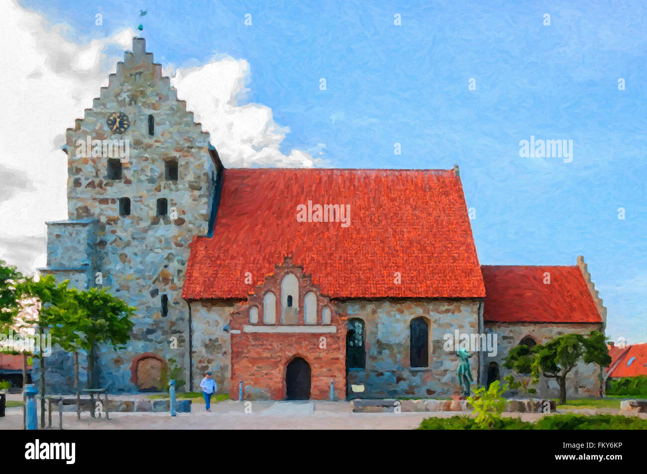 Une peinture numérique d'une église de la ville suédoise de Simrishamn. Banque D'Images