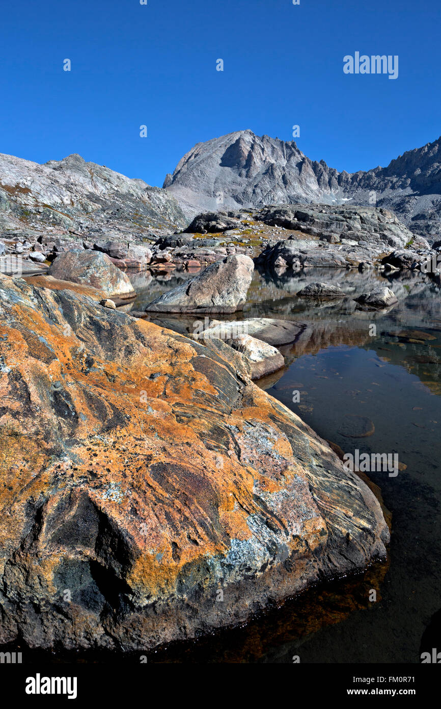 WYOMING - rock coloré sur la rive d'un petit lac et la réflexion de Fremont Peak dans la région du bassin de l'Indien de la Wind River Range Banque D'Images