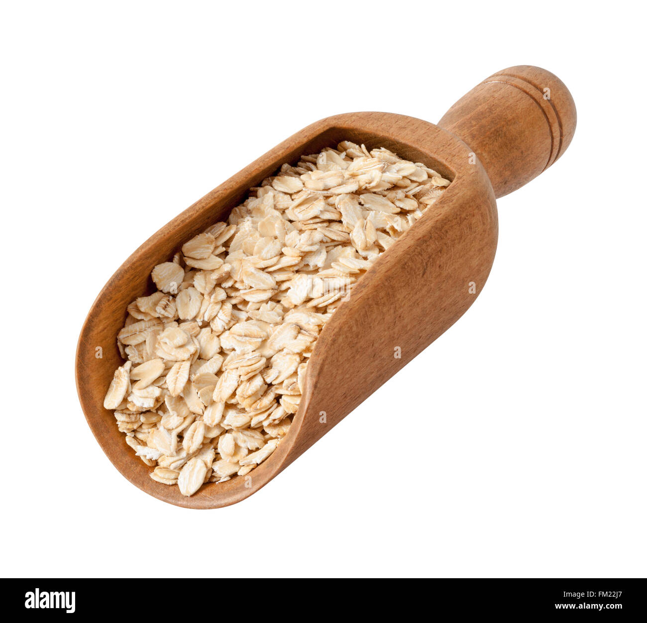 Flocons d'avoine bio dans un bois Scoop. L'image est un coupé, isolé sur un fond blanc. Banque D'Images