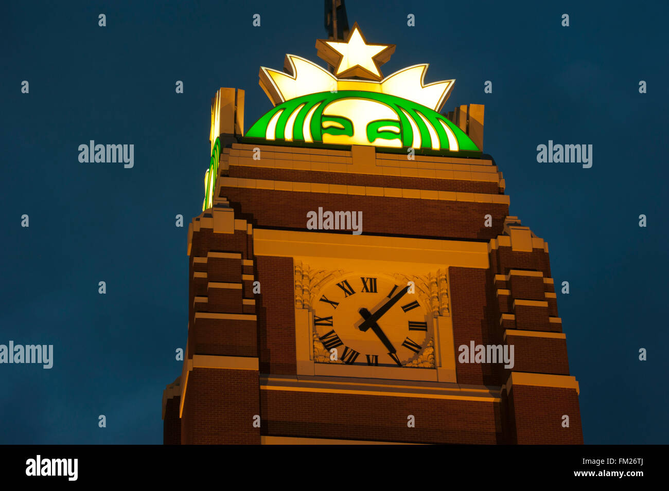 Logo de Starbucks au sommet de l'administration centrale, Seattle, Washington Banque D'Images