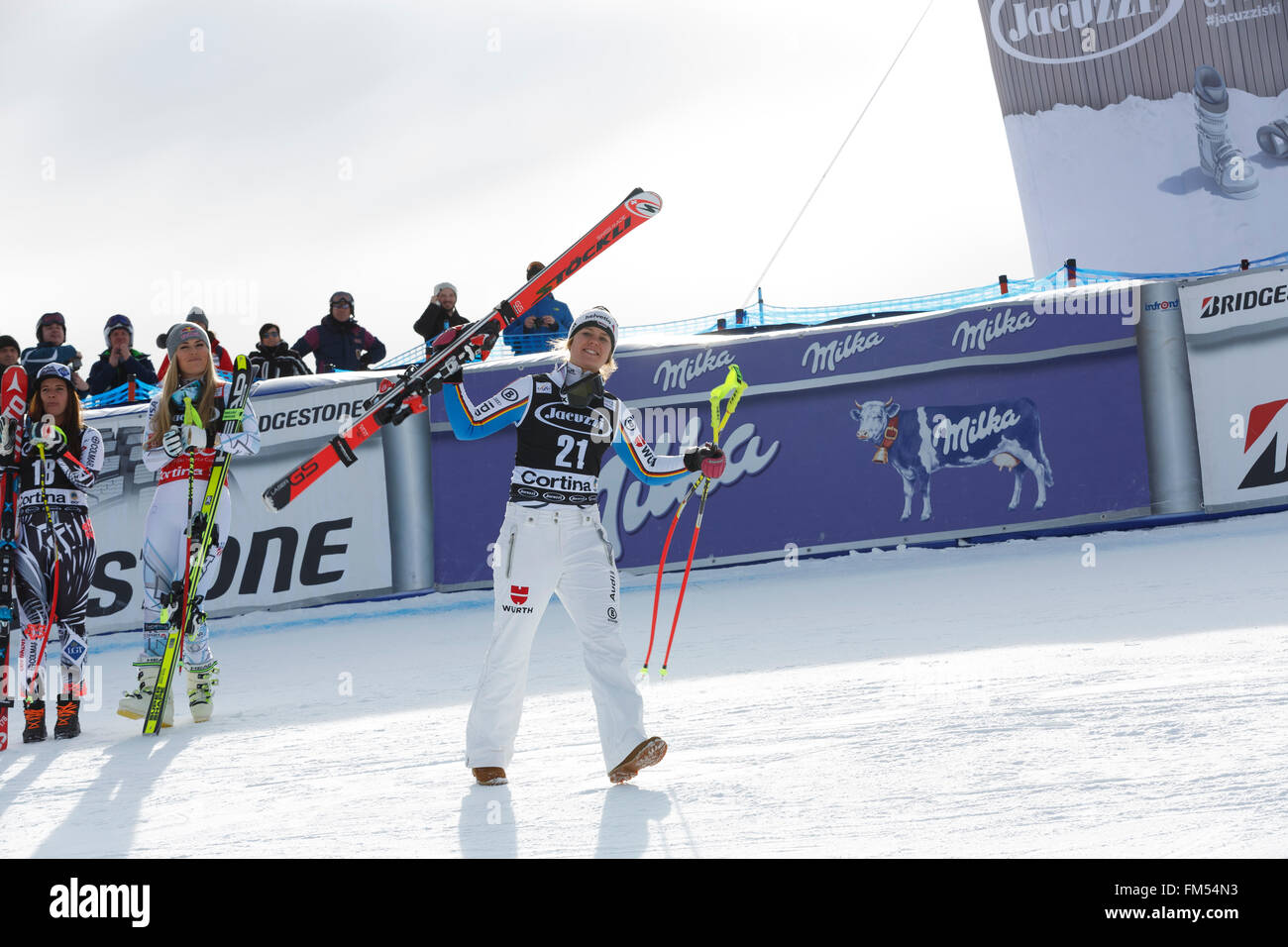 Cortina d'Ampezzo, Italie 24 janvier 2016. Viktoria Rebensburg (Ger) prend la 3ème place au cours de l'AUDI FIS Alpine Ski World Cup super G femmes Banque D'Images
