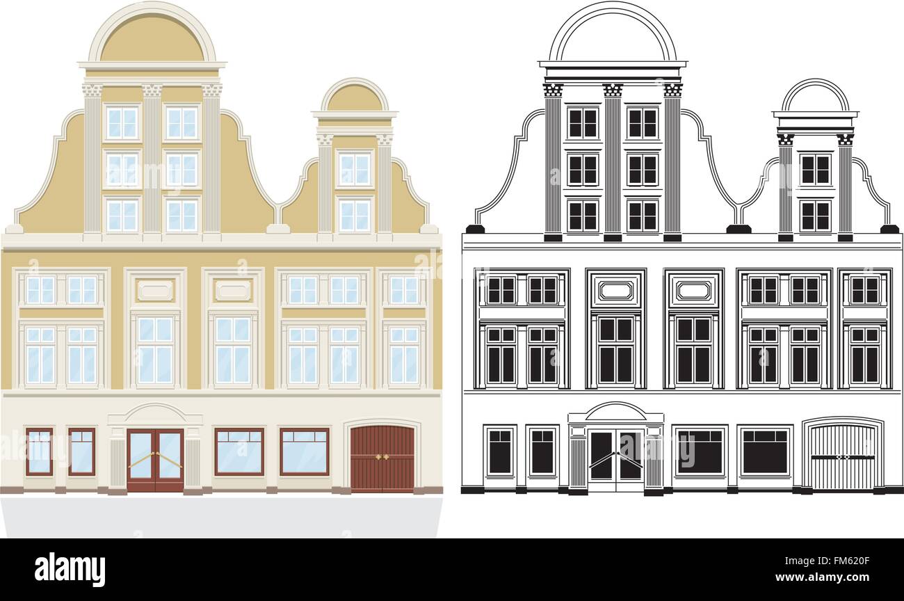 19e siècle maison de ville avec magasin et gate. Les versions couleur et monochrome noir sur des calques distincts. Illustration de Vecteur