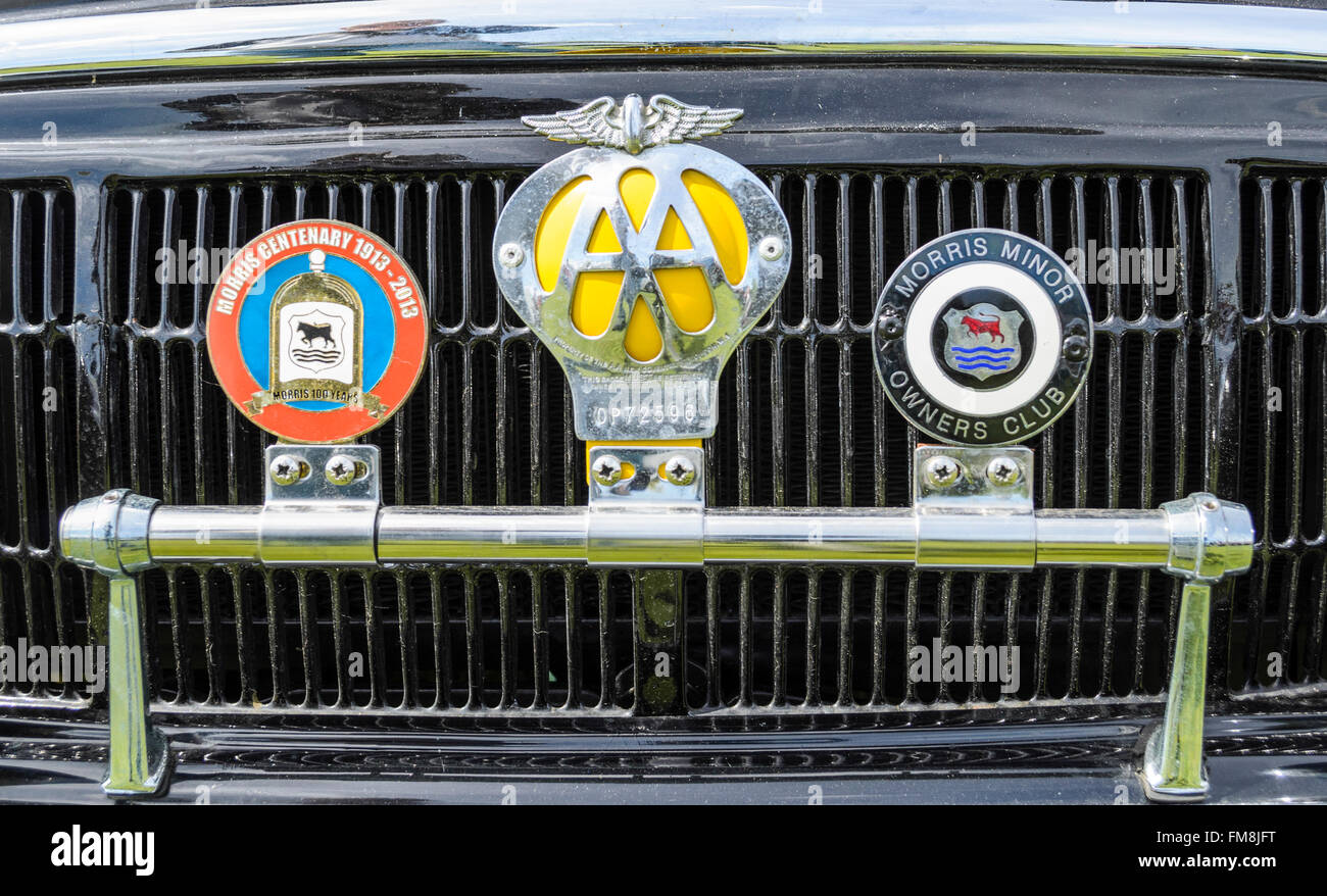 Une rangée de voiture badge à un salon de voitures, Essex, Angleterre, RU Banque D'Images