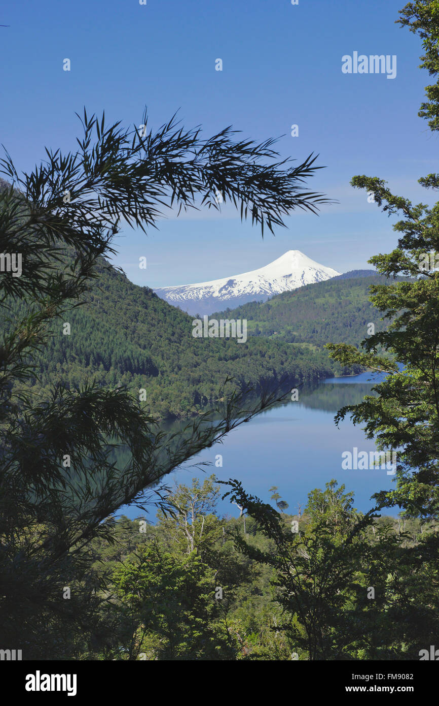 Vue depuis le Parc National Huerquehue voyage Lago Tinquilco et forêt Valdivian au volcan Villarrica. Patagonie, Chili Banque D'Images