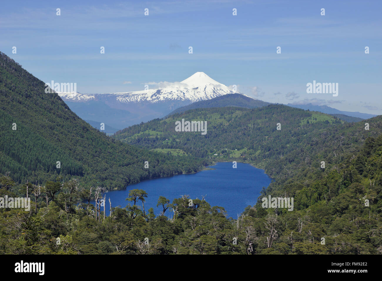 Vue depuis le Parc National Huerquehue voyage Lago Tinquilco et forêt Valdivian au volcan Villarrica. Patagonie, Chili Banque D'Images