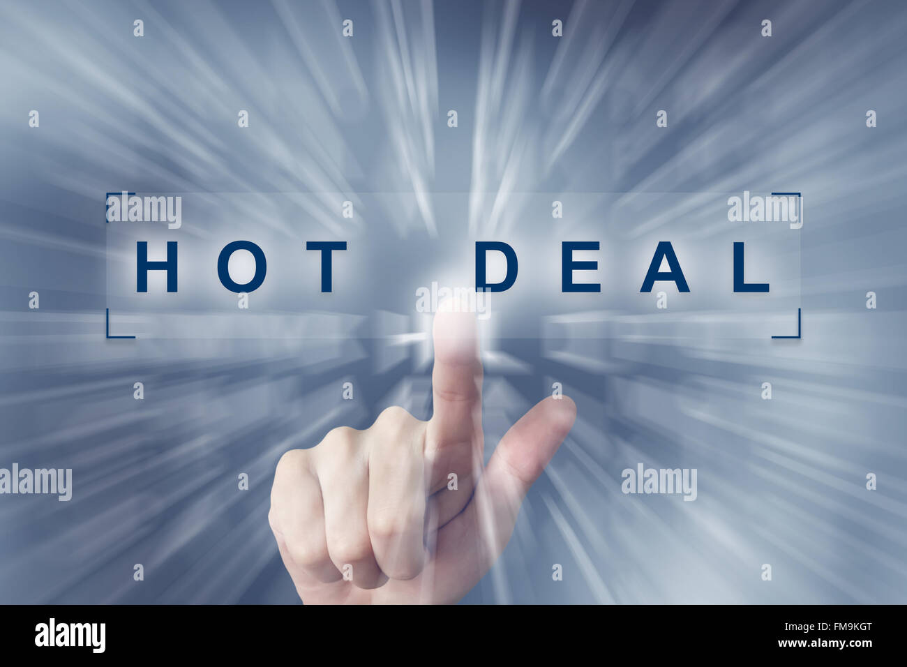 Part en cliquant sur le bouton deal chaud avec effet de zoom arrière-plan Banque D'Images