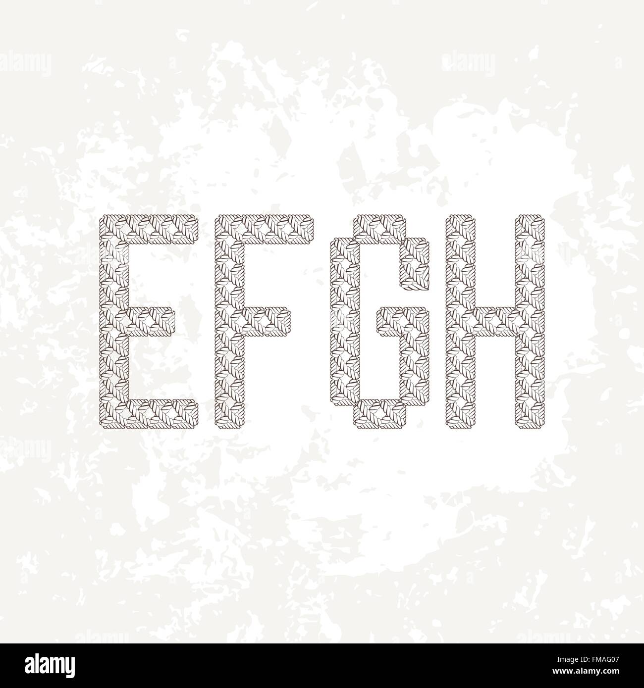 Ensemble de quatre, tricoté ou brodé macrame les lettres de l'alphabet latin. E, F, G et H. Illustration de Vecteur