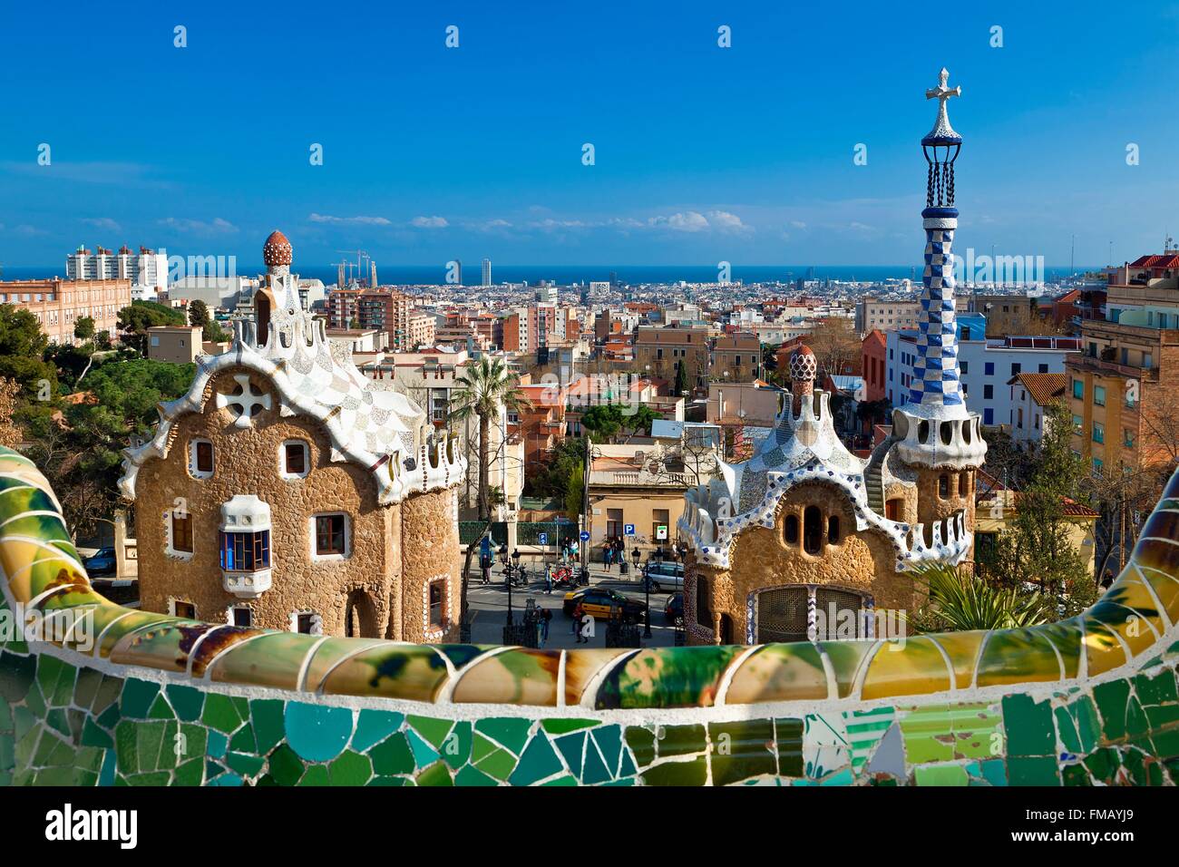 Espagne, Catalogne, Barcelone, Parc Guell par l'architecte Antoni Gaudi Banque D'Images