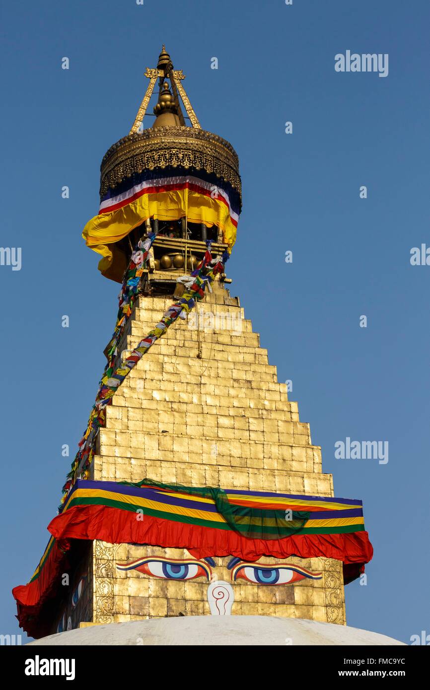 Le Népal, zone Bagmati, Boudhanath, inscrite au Patrimoine Mondial de l'UNESCO, sommet de stupa Banque D'Images