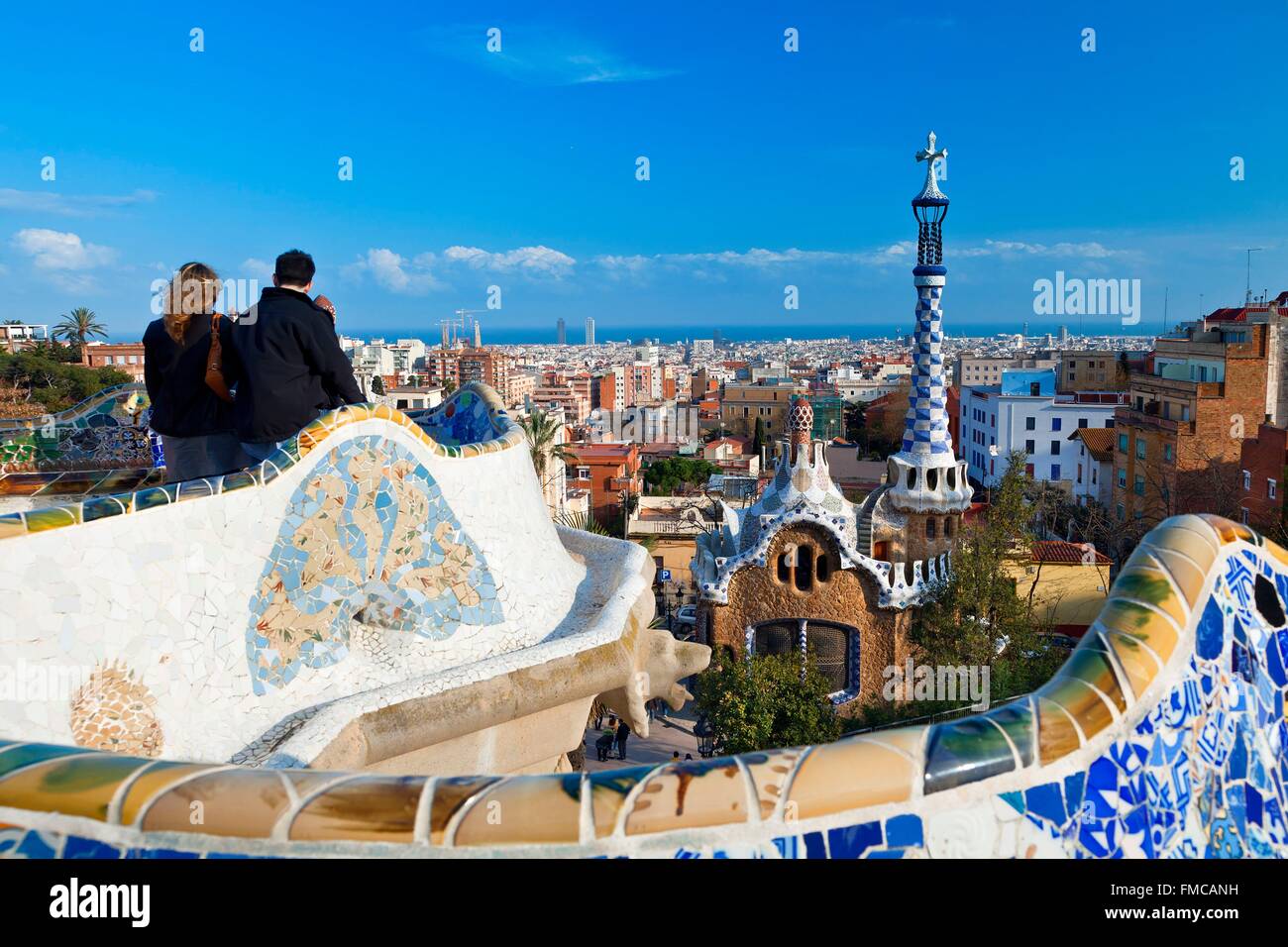 Espagne, Catalogne, Barcelone, Parc Guell par l'architecte Antoni Gaudi Banque D'Images