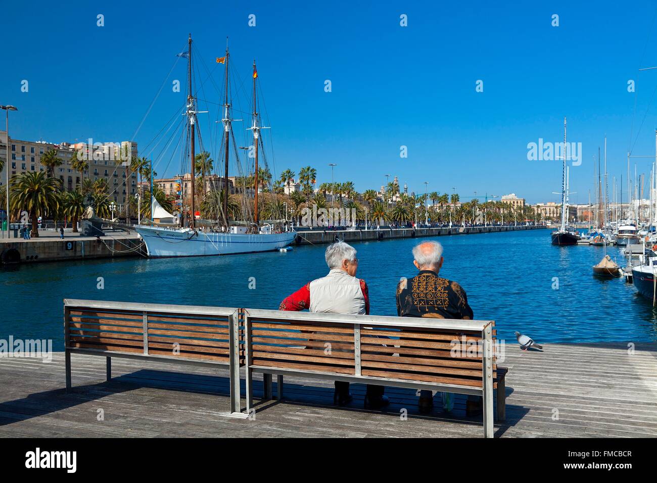 Espagne, Catalogne, Barcelone, le Vieux Port, Vieux Port, Port Vell, Rambla de Mar Bridge Banque D'Images