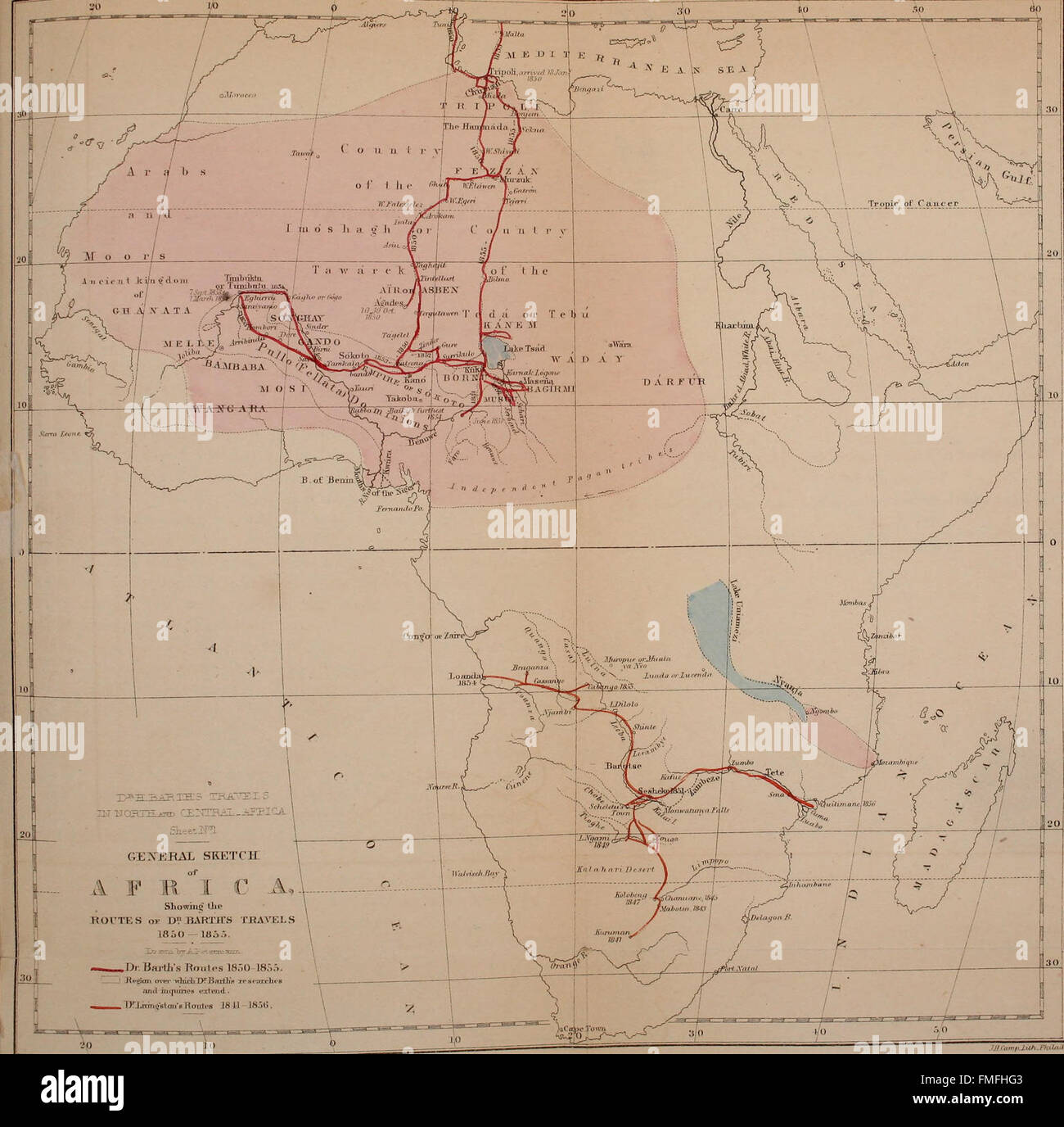 Cet ouvrage de 1859 retrace les voyages et les découvertes réalisés lors d’une expédition en Afrique du Nord et centrale, documentant les caractéristiques géographiques, les cultures et la faune rencontrées lors du voyage de 1849-1855. Banque D'Images