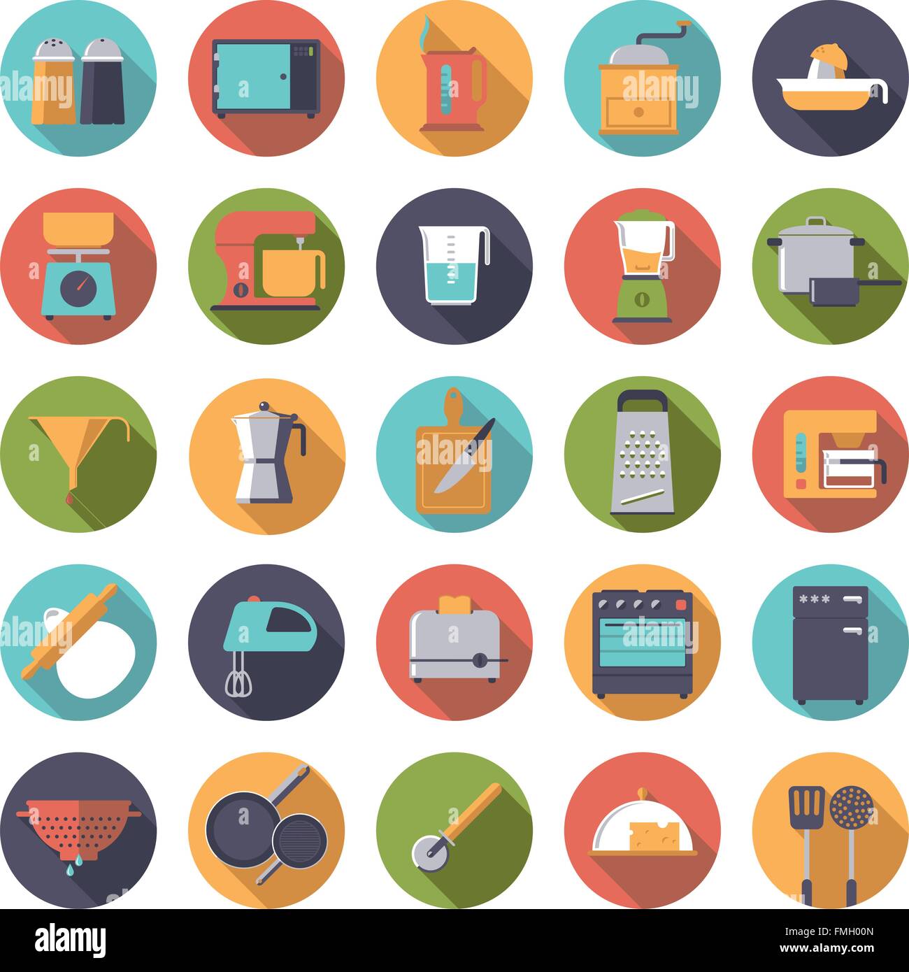 Cuisine Cuisine et icônes dans les cercles, modèle plat, long shadow Illustration de Vecteur