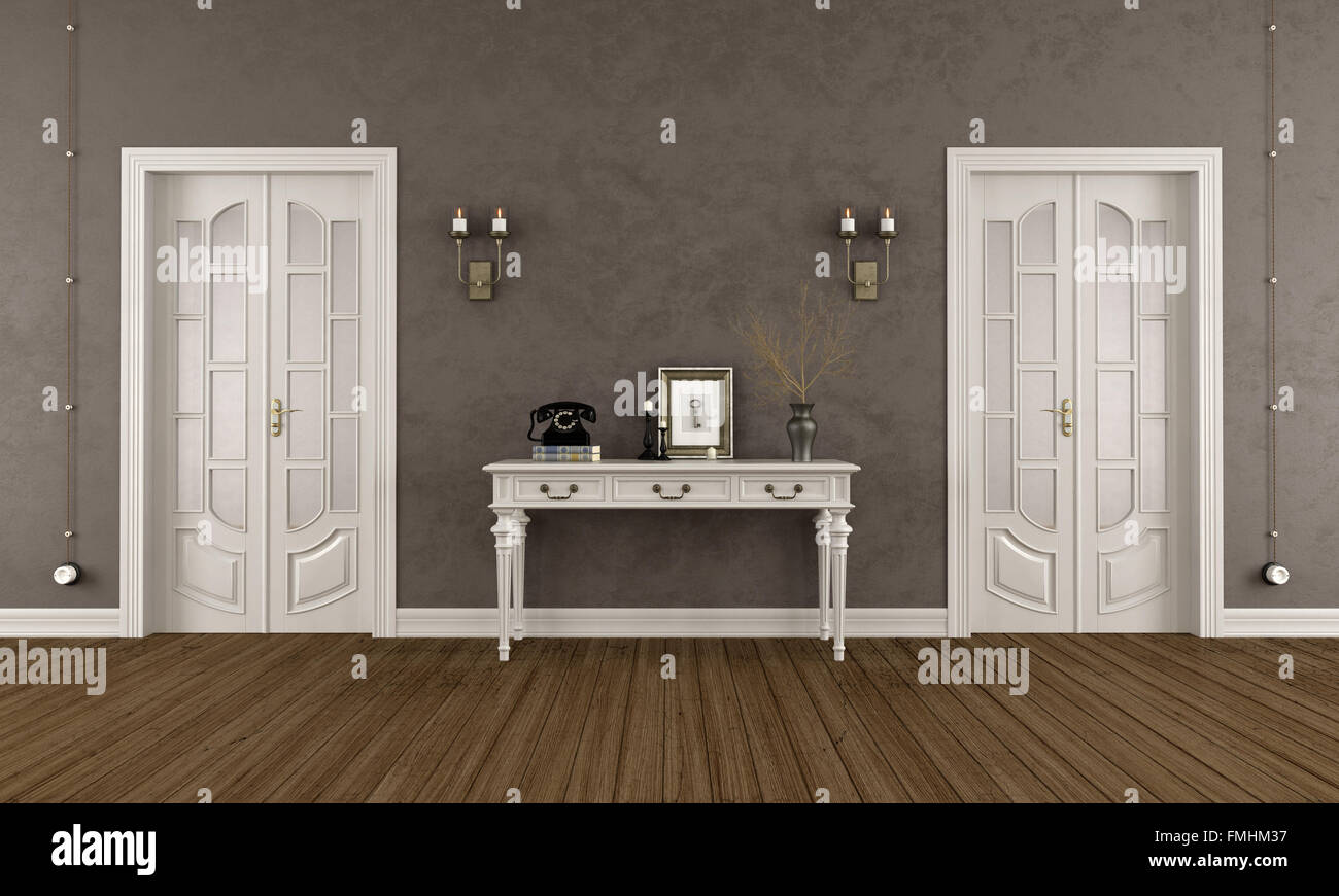 Chambre classique brun avec deux portes fermées et élégante table console - le rendu 3D Banque D'Images