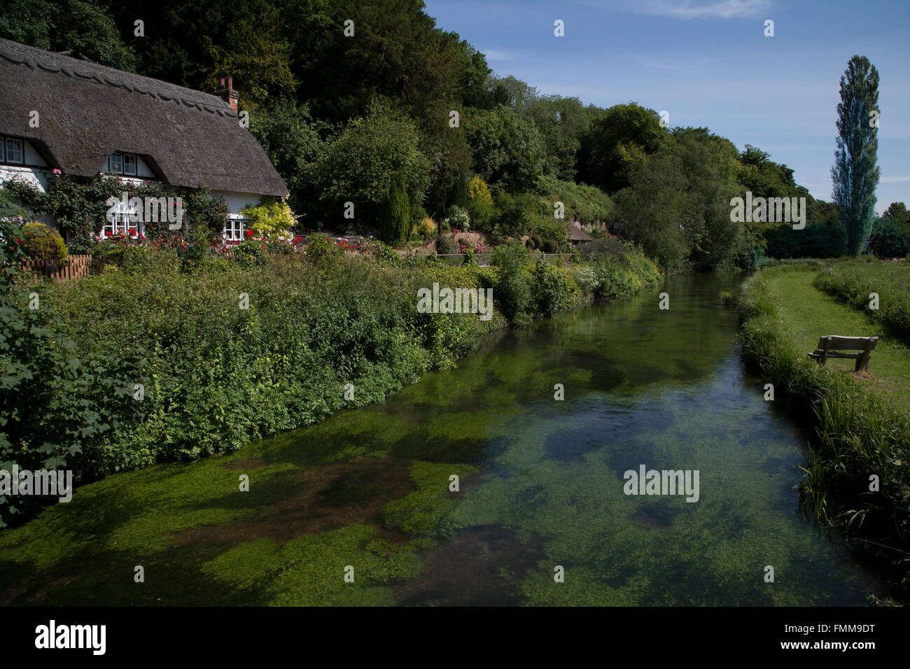 Chaumière au bord de la rivière Test, Wherwell, Hampshire, Angleterre. Banque D'Images