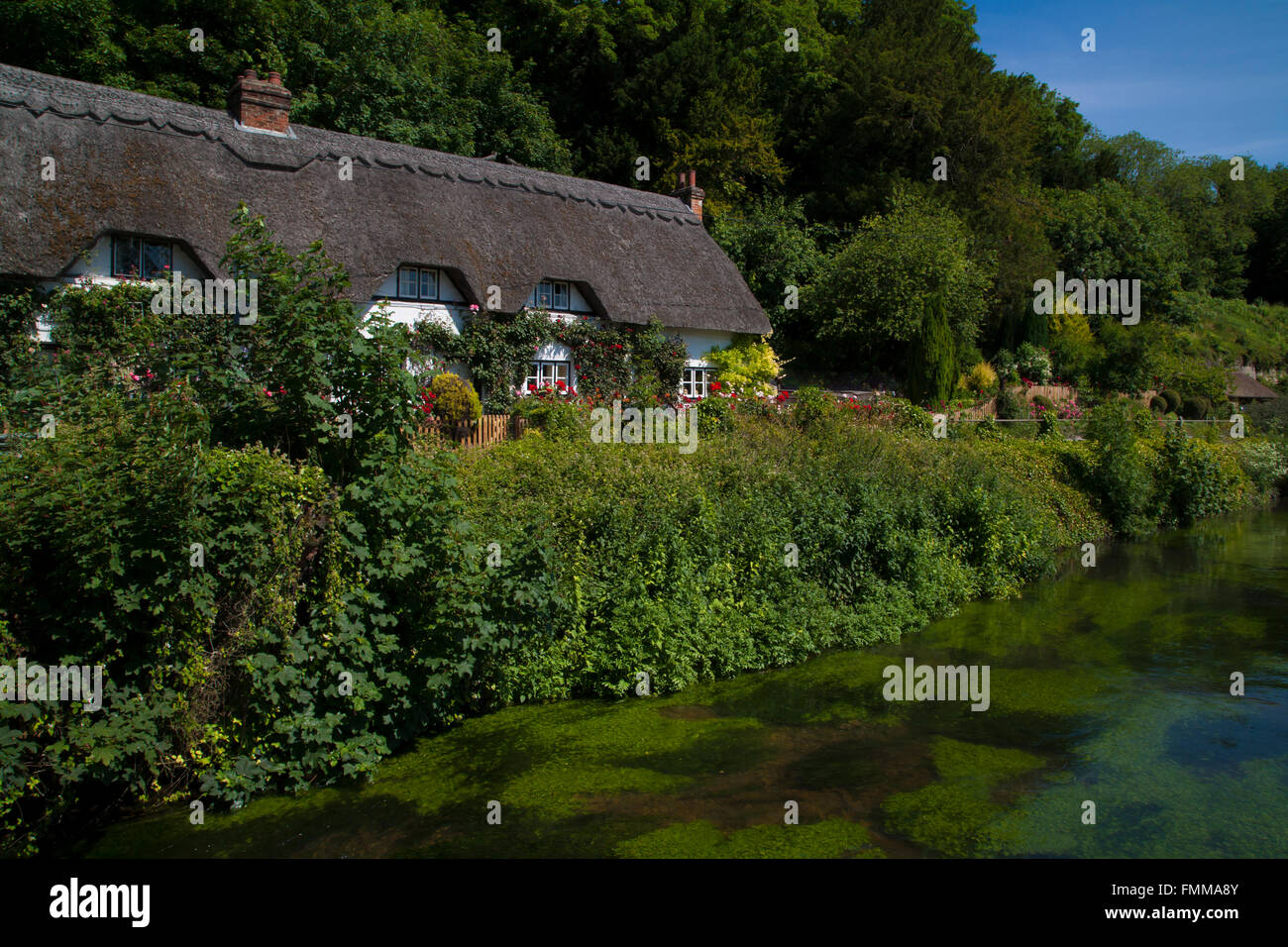 Chaumière au bord de la rivière Test, Wherwell, Hampshire, Angleterre. Banque D'Images