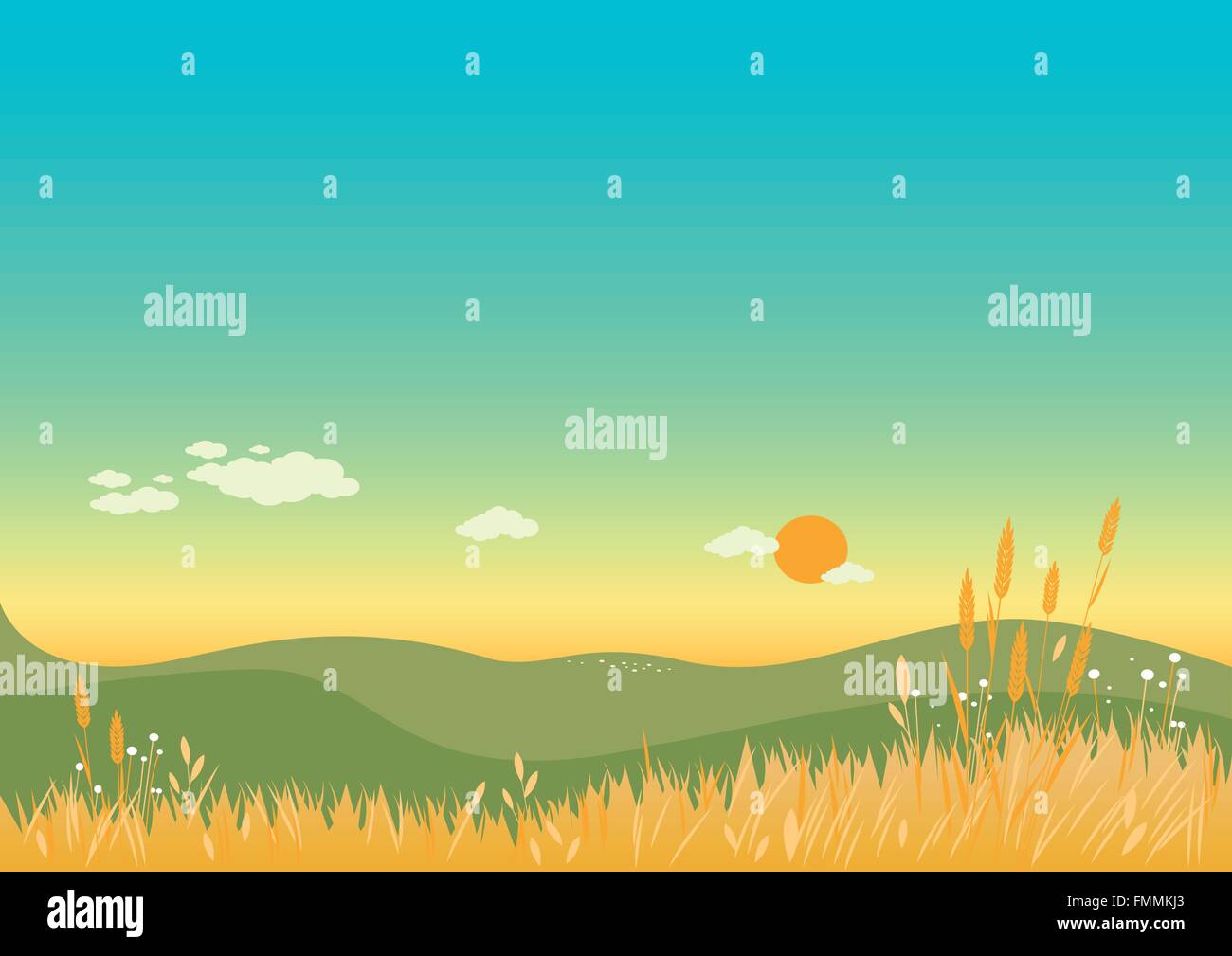 Fond de paysage d'été avec champ de blé. Nature paysage verdoyant de collines avec prairie. Illustration vectorielle Illustration de Vecteur