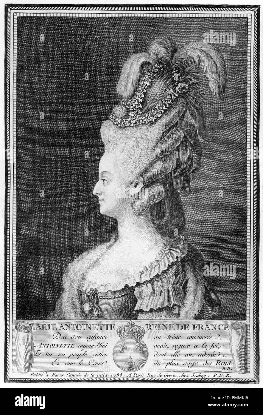 Portrait de Marie Antoinette, Reine de France et épouse du roi Louis XVI. Gravure datée 1783. Banque D'Images