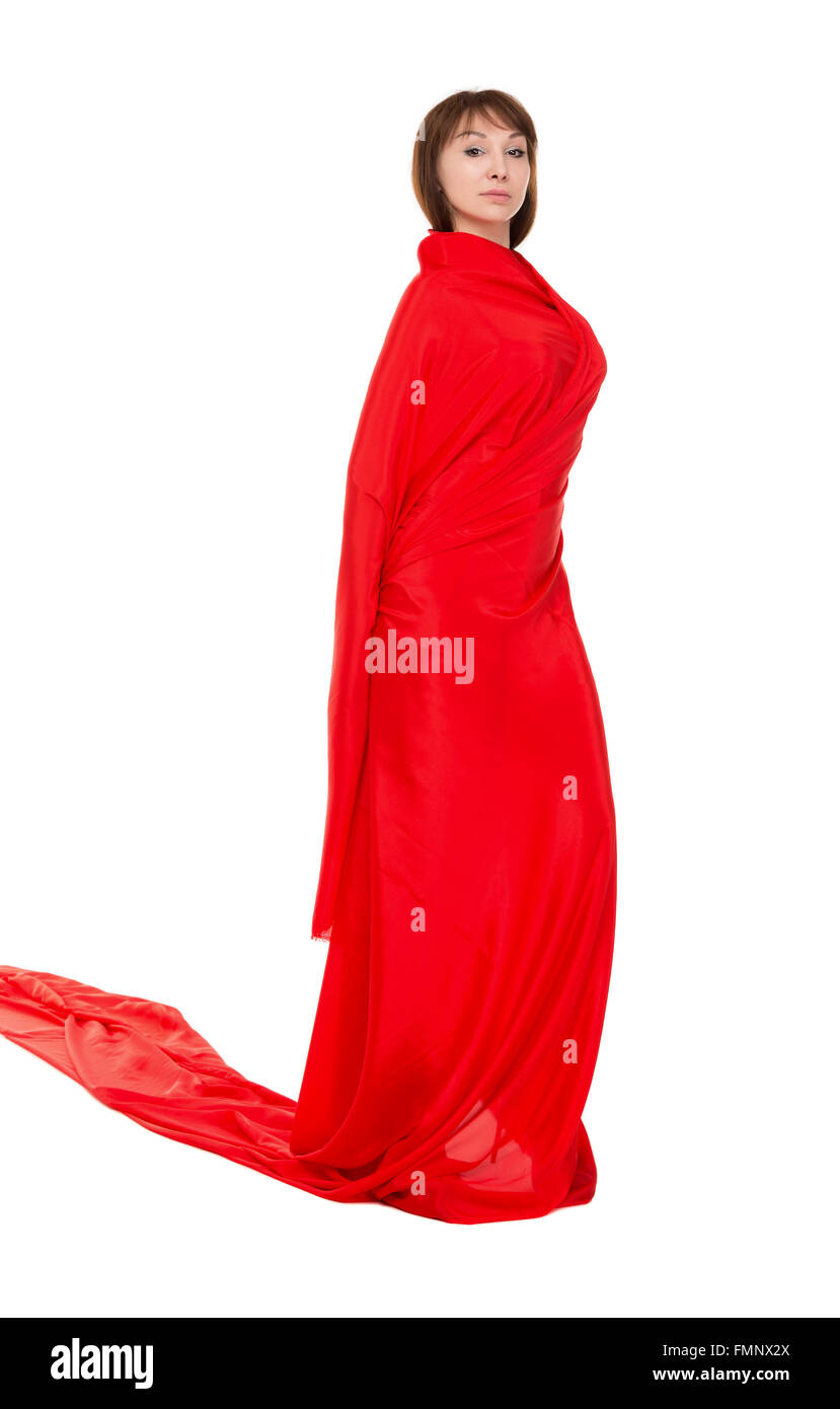 Belle femme en robe rouge, isolé sur fond blanc Banque D'Images