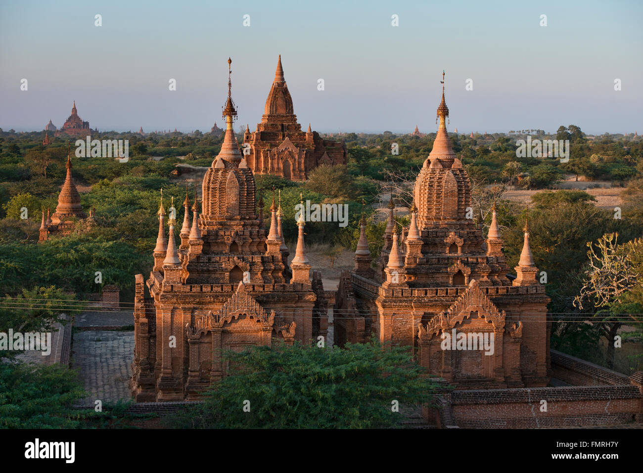 Temples en fin d'après-midi, lumière, Bagan, Myanmar Banque D'Images