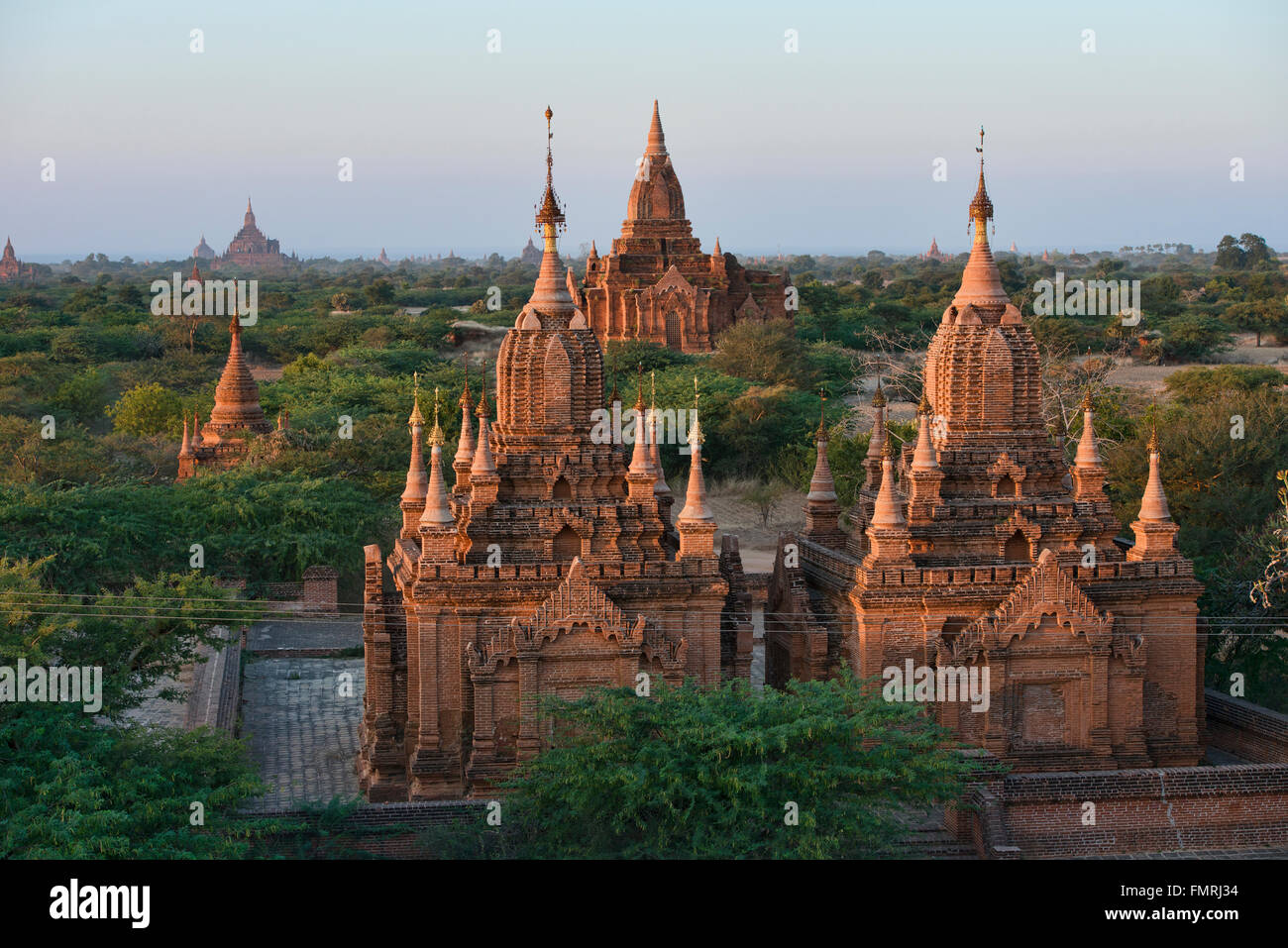 Temples en fin d'après-midi, lumière, Bagan, Myanmar Banque D'Images