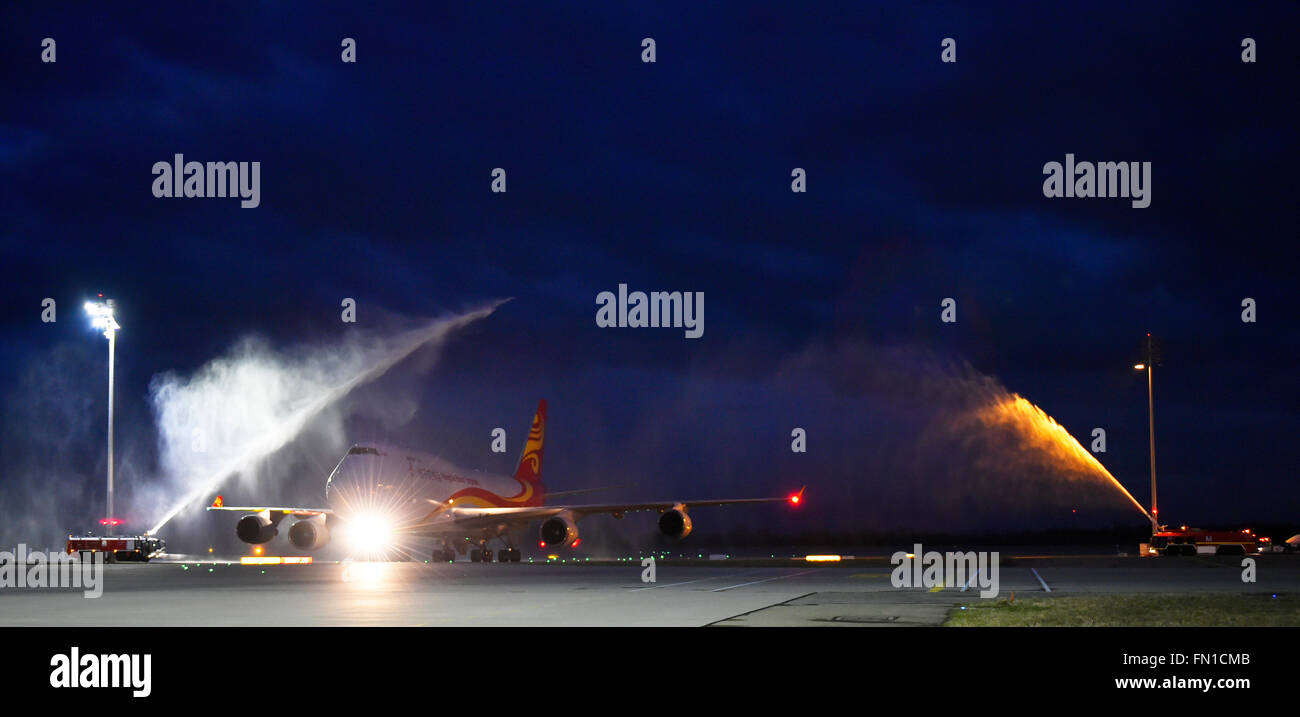 Yangtze River express, Boeing, B 747, 400, B747 - 400, le baptême d'eau, premier vol, Aéroport Munich, cargo, fret, cargaison, Banque D'Images