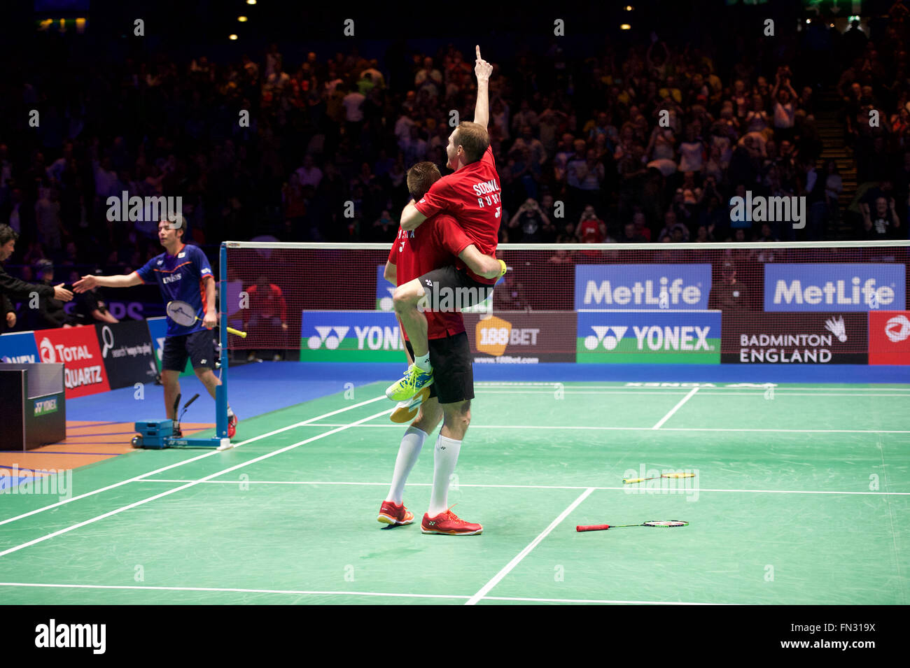 Barclaycard Arena, Birmingham, UK. Mar 13, 2016. Yonex All England Open Badminton Championships. Vladimir Ivanov et Ivan Sozonov Russie célébrer remportant la finale double hommes : Action Crédit Plus Sport/Alamy Live News Banque D'Images