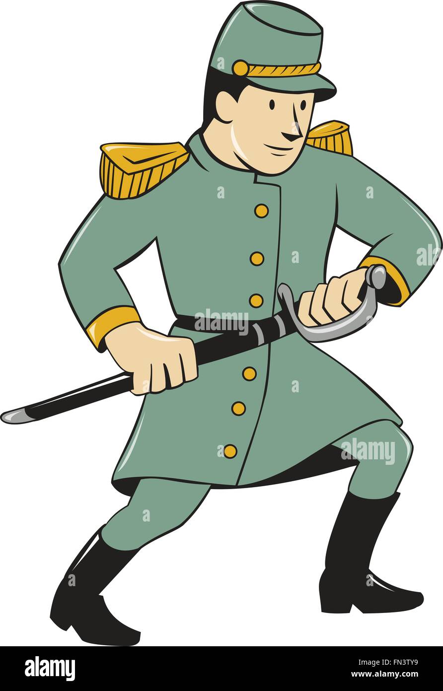 Illustration d'un soldat de l'armée confédérée durant la guerre de Sécession dégainant son épée sur fond isolé fait en style cartoon. Illustration de Vecteur
