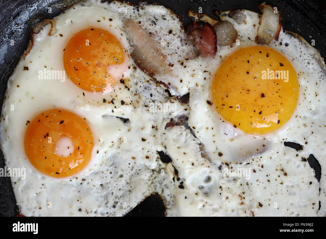 Oeufs au plat avec du bacon sur le pan - un copieux petit-déjeuner Banque D'Images