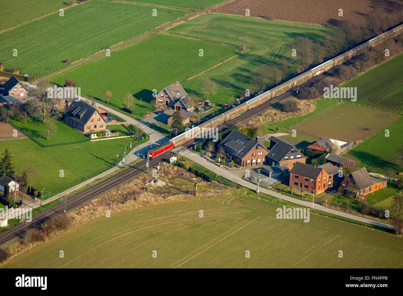 La ligne de la Betuwe, Güterfen à pied, vue aérienne, les chemins de l'histoire Ligne de la Betuwe, courriers de fret à longue distance, de la Betuwe, à des passages à niveau Banque D'Images