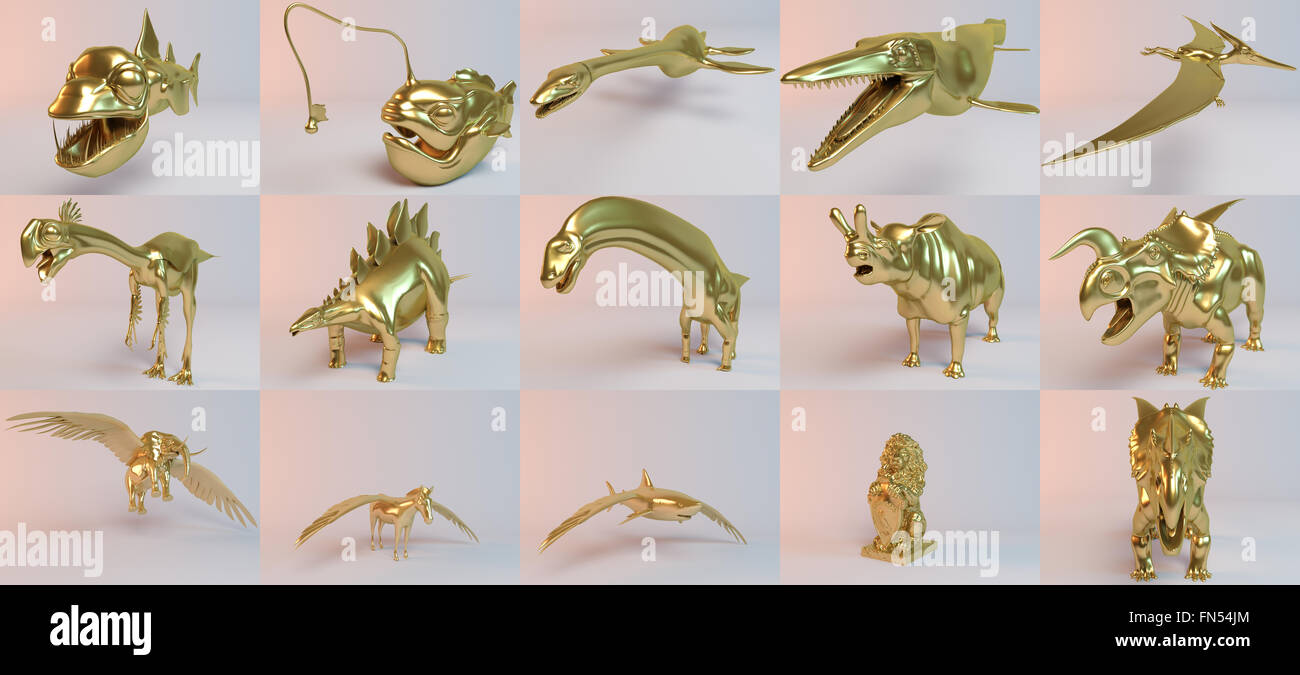 Collection animaux 3D'or à l'intérieur d'une scène avec la haute qualité de rendu pour être utilisé comme un logo, médaille, symbole, emblème, forme, icône, b Banque D'Images