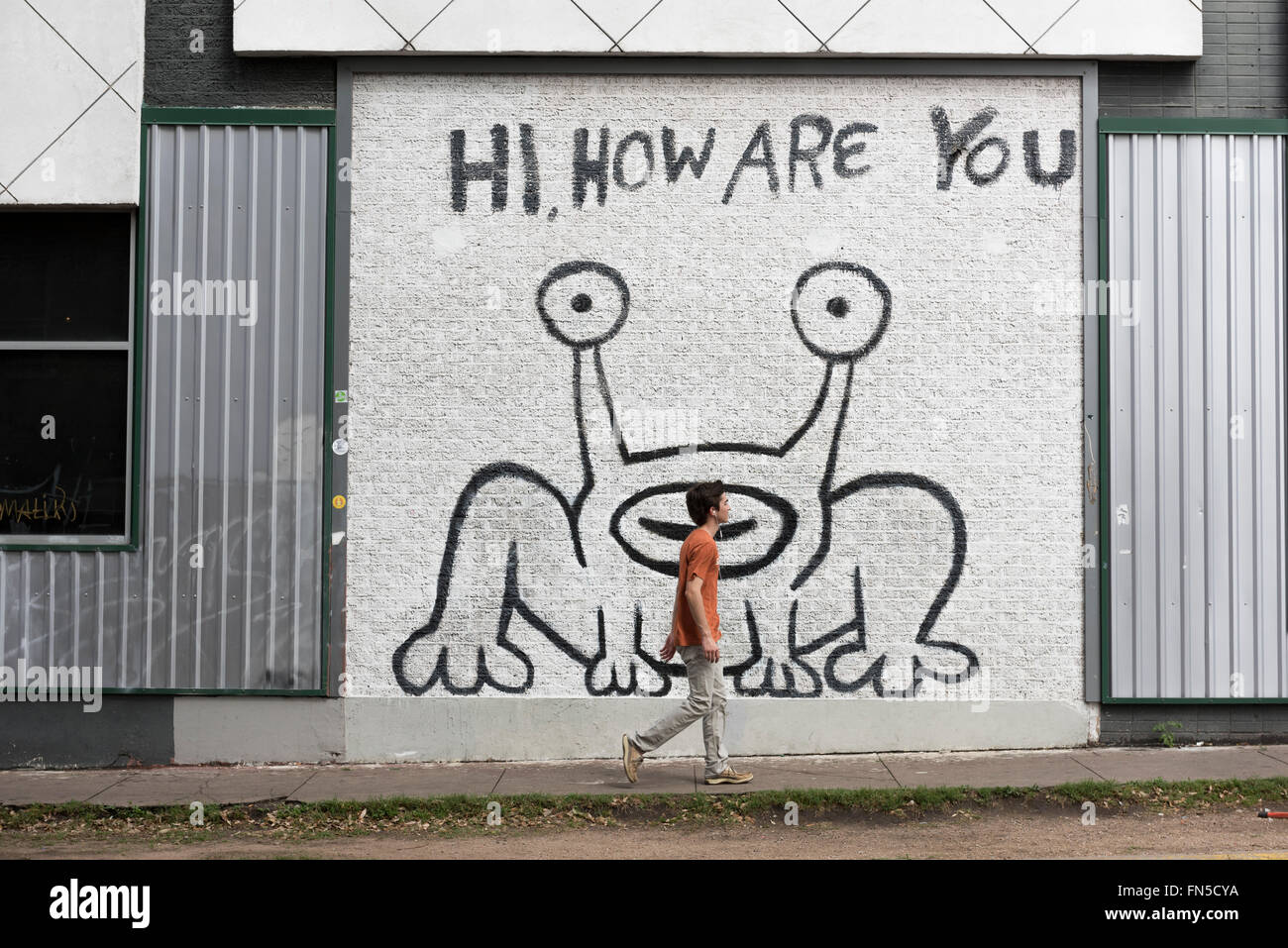 Illustration de Daniel Johnston sur un mur à Austin, Texas, USA. Banque D'Images