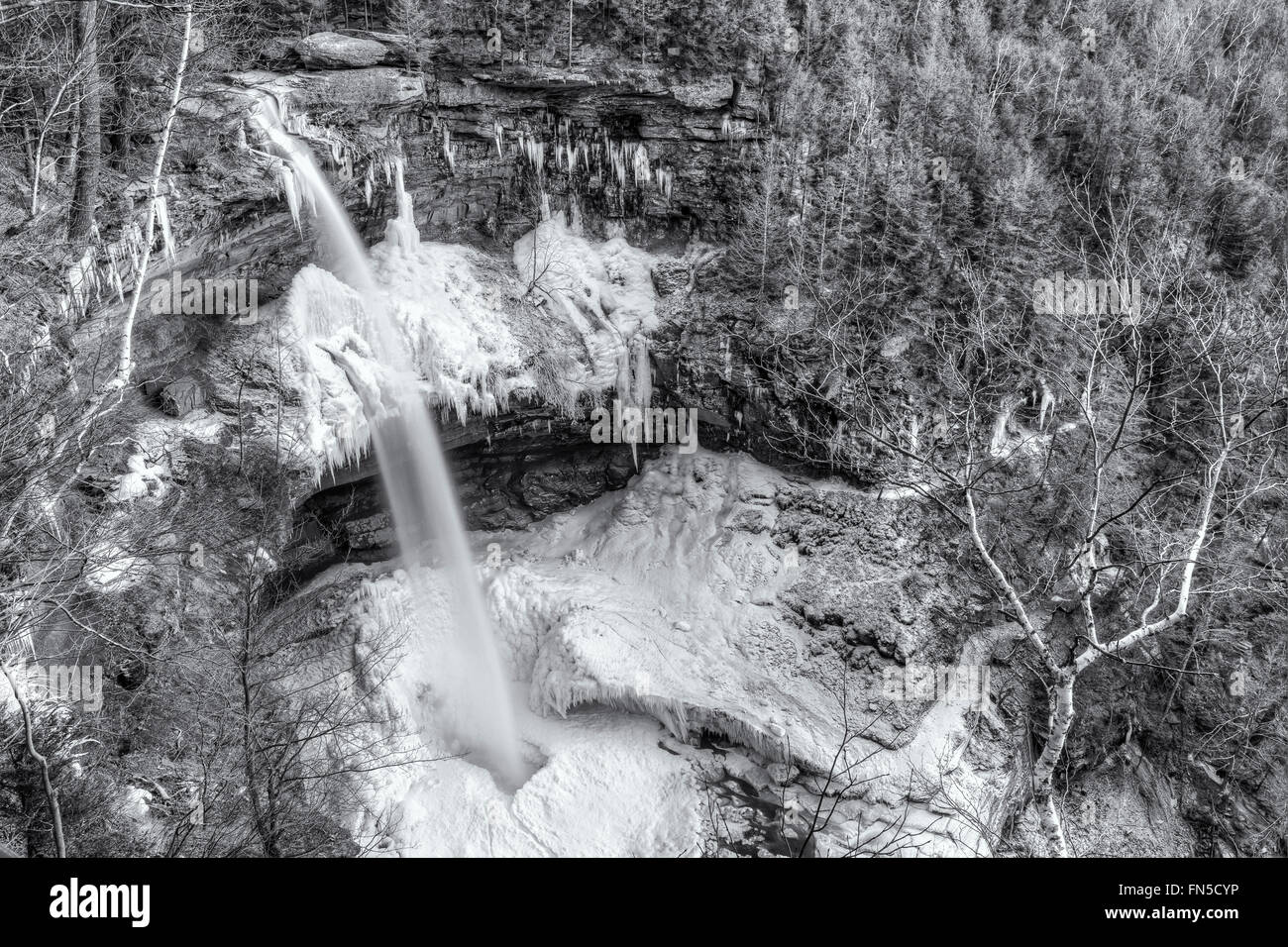 L'eau de la partie supérieure de Kaaterskill Falls dans une piscine au milieu de la glace dans les Catskills Mountains of New York. Banque D'Images