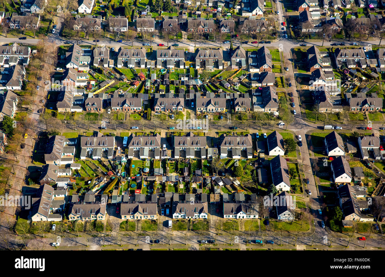 Vue aérienne, village minier Moseler road Lippestraße, Marie Burger Street, cultures potagères, ancien camp minier, Moers, Banque D'Images