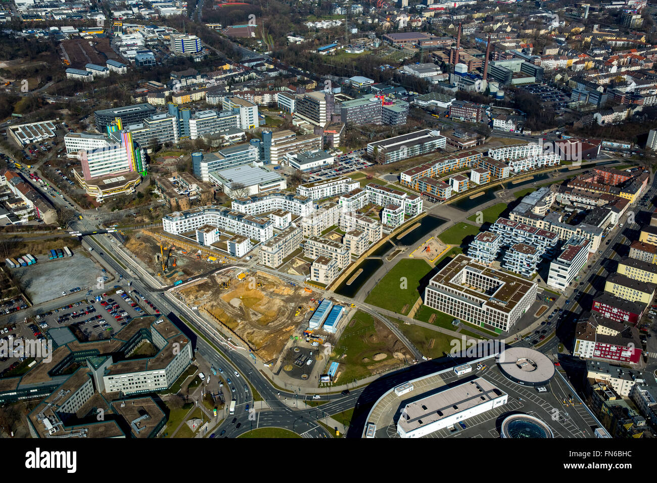 Vue aérienne, de la construction et de la reconstruction de l'Funke Media Center Essen am Berliner Platz, vert d'Essen, WAZ Media Banque D'Images