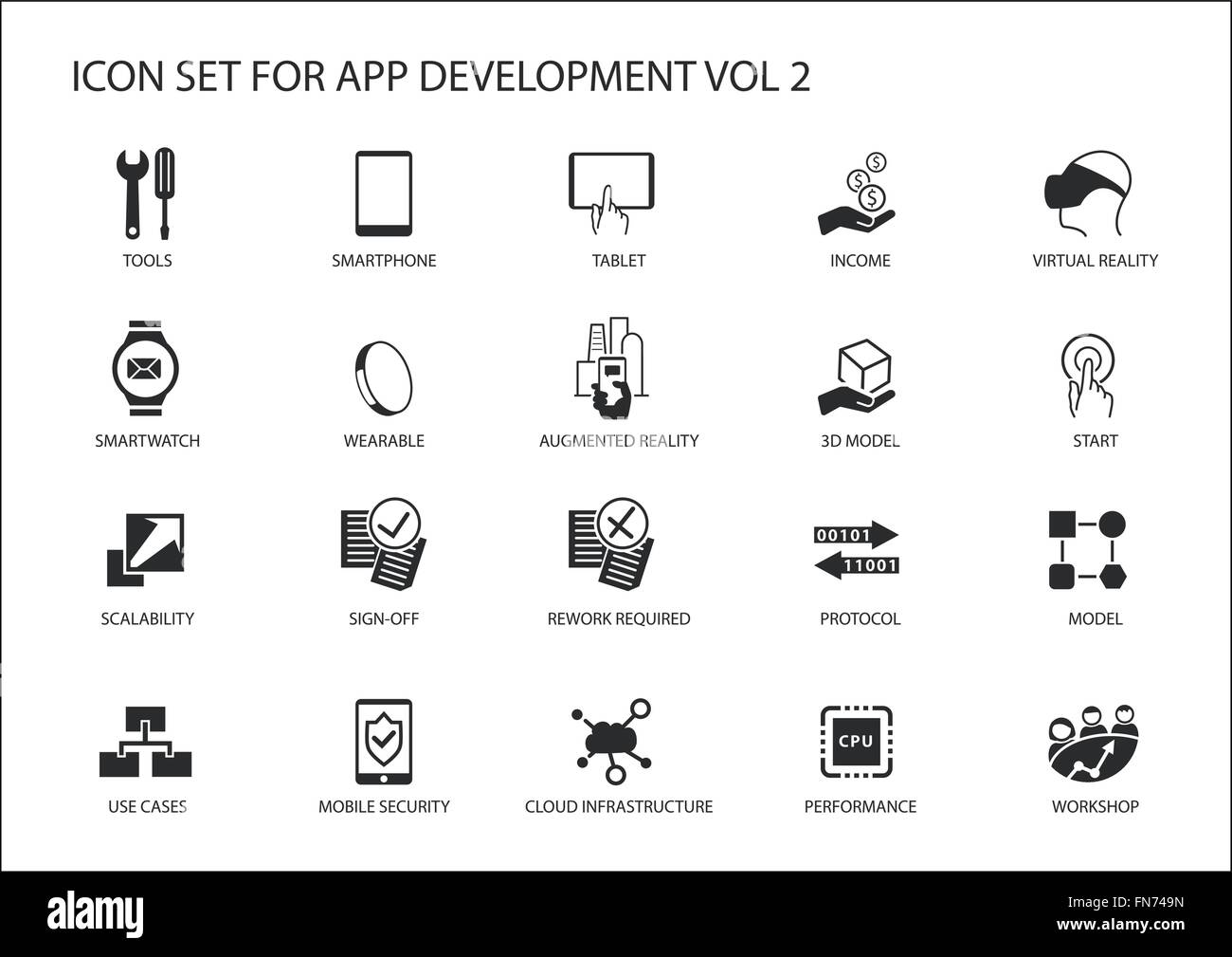 Vector icon set app / le développement d'applications. Icônes et symboles réutilisables comme, outils, appareils mobiles, réunion, l'évolutivité Illustration de Vecteur