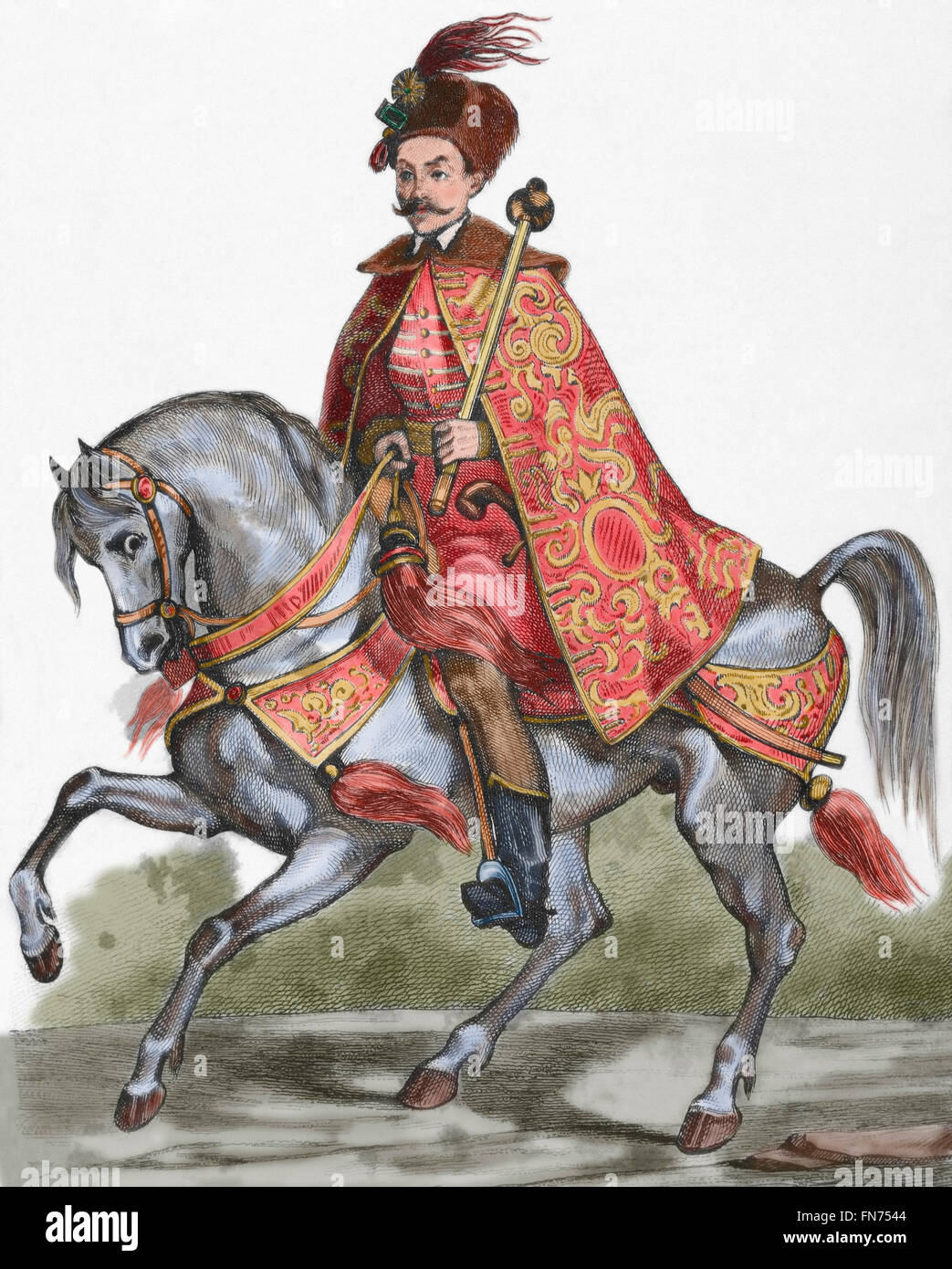 Aleksey Mikhaïlovitch (1629-1676). Tsar de Russie (1645-1676). Portrait équestre. La gravure. De couleur. Banque D'Images