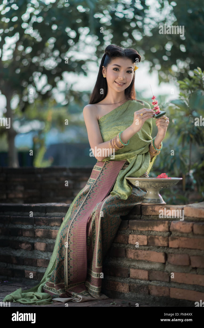 Costume Dame thaï d'Ayutthaya en Thaïlande. Banque D'Images