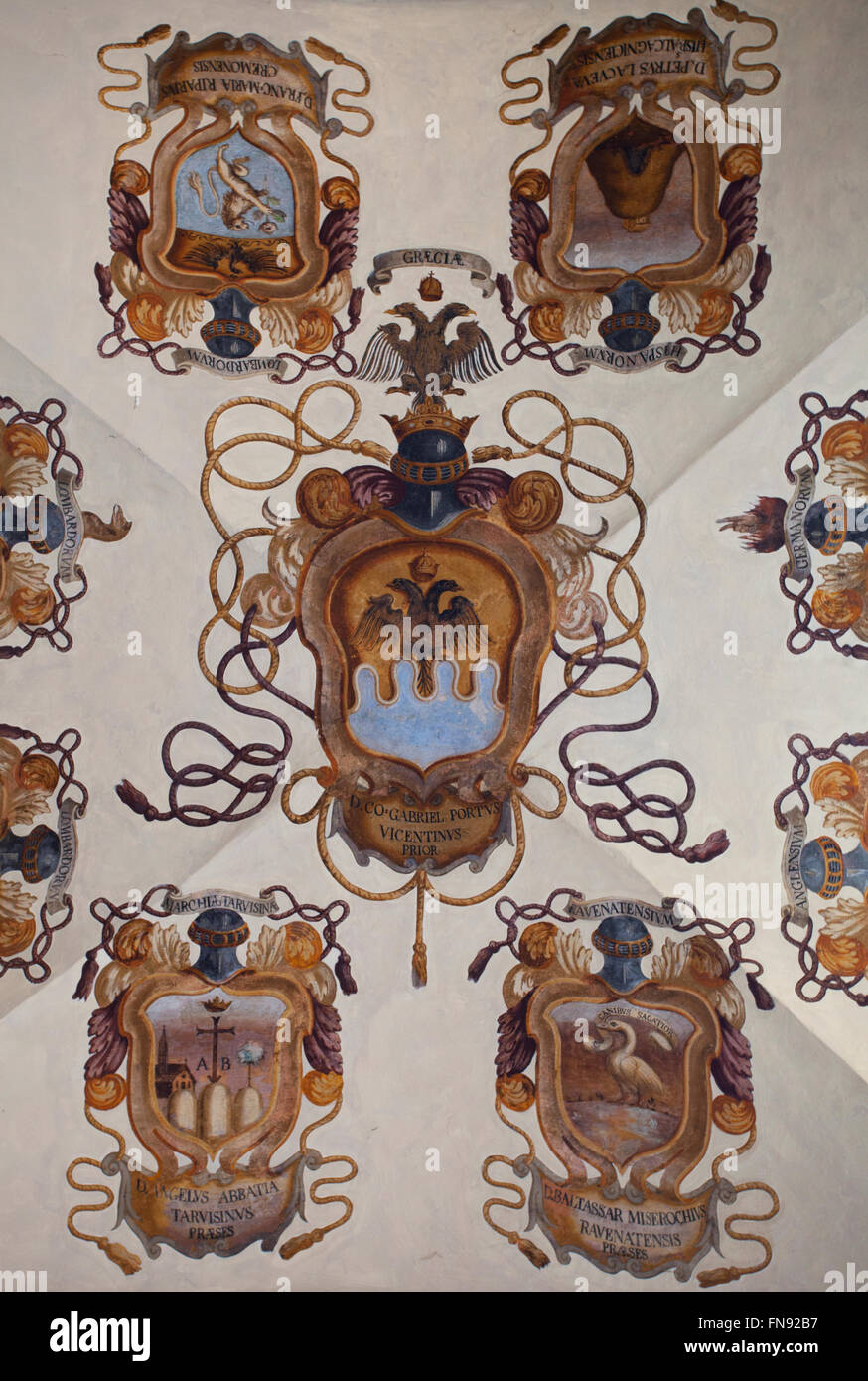 Détail à l'intérieur de l'Archiginnasio de Bologne. Emilie Romagne, Italie. Banque D'Images