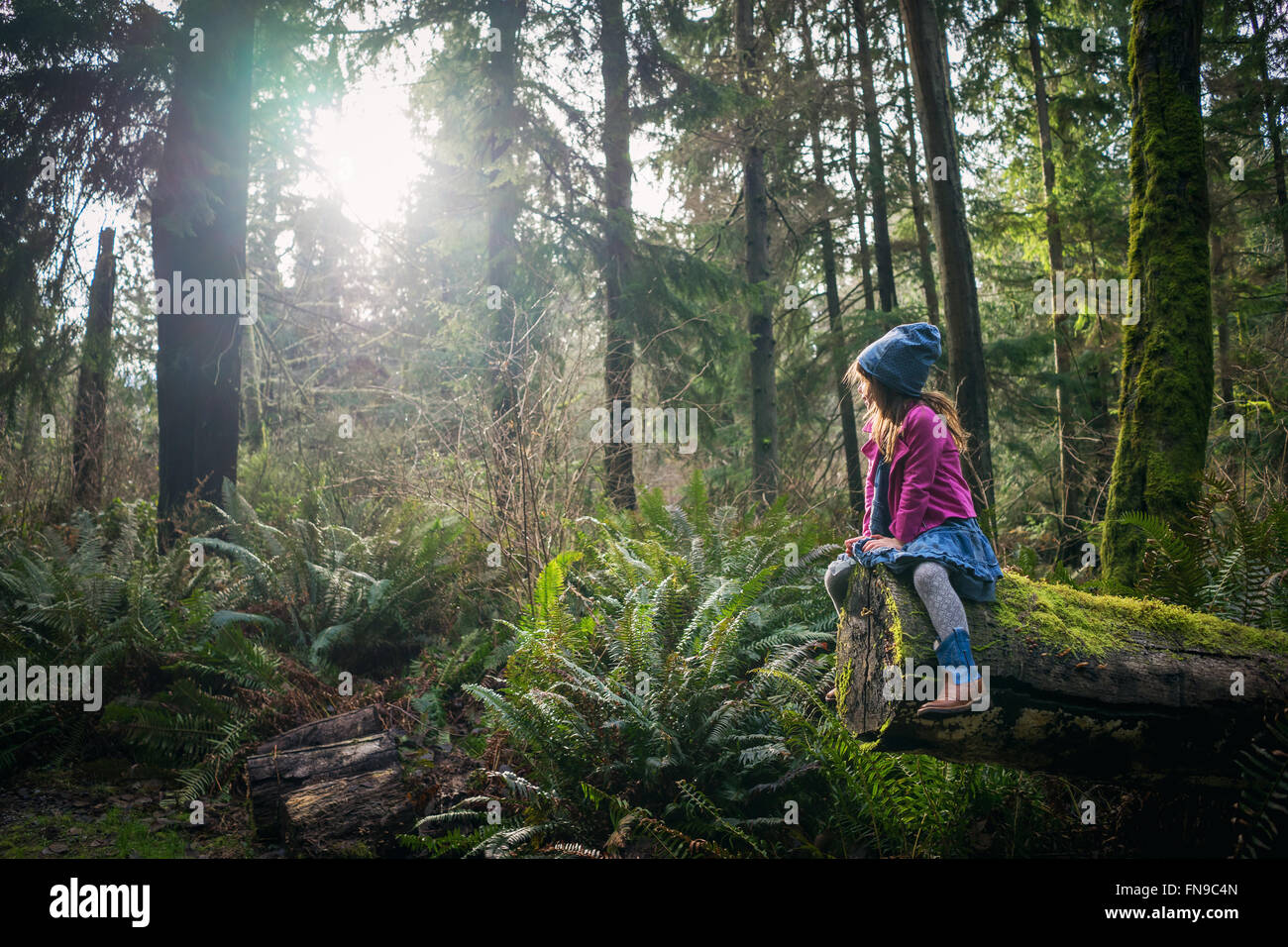 Jeune fille assise sur l'arbre couvert de mousse dans la forêt Banque D'Images