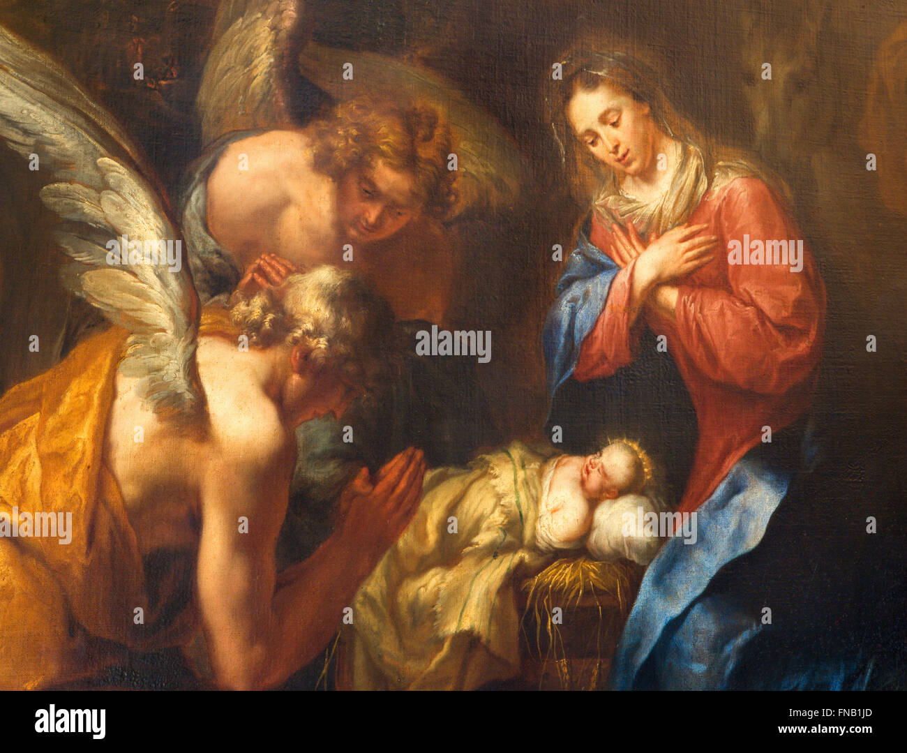 Anvers, Belgique - Septembre 5,2013 : Détail de la peinture de la Nativité par Kasper van Opstal (1660 - 1714) dans l'église Saint Charles Borromée. Banque D'Images