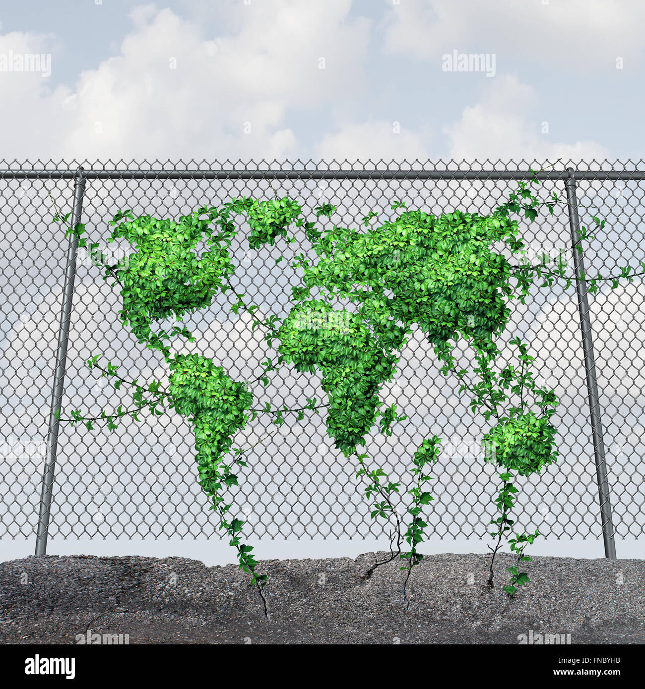 Concept de la Journée de la terre et de la protection de l'environnement comme une clôture avec une feuille verte de plus en plus comme un monde en forme de vigne carte mondiale de la planète comme une icône de printemps. Banque D'Images