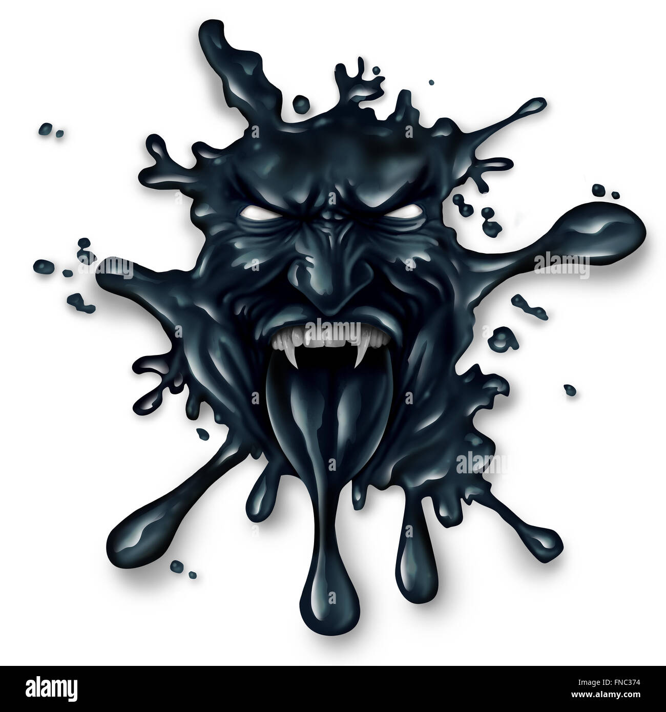 Déversement d'effrayant comme une fuite de pétrole splash avec un monstre face comme un symbole pour les énergies fossiles et l'énergie brute peur concept sur un fond blanc. Banque D'Images