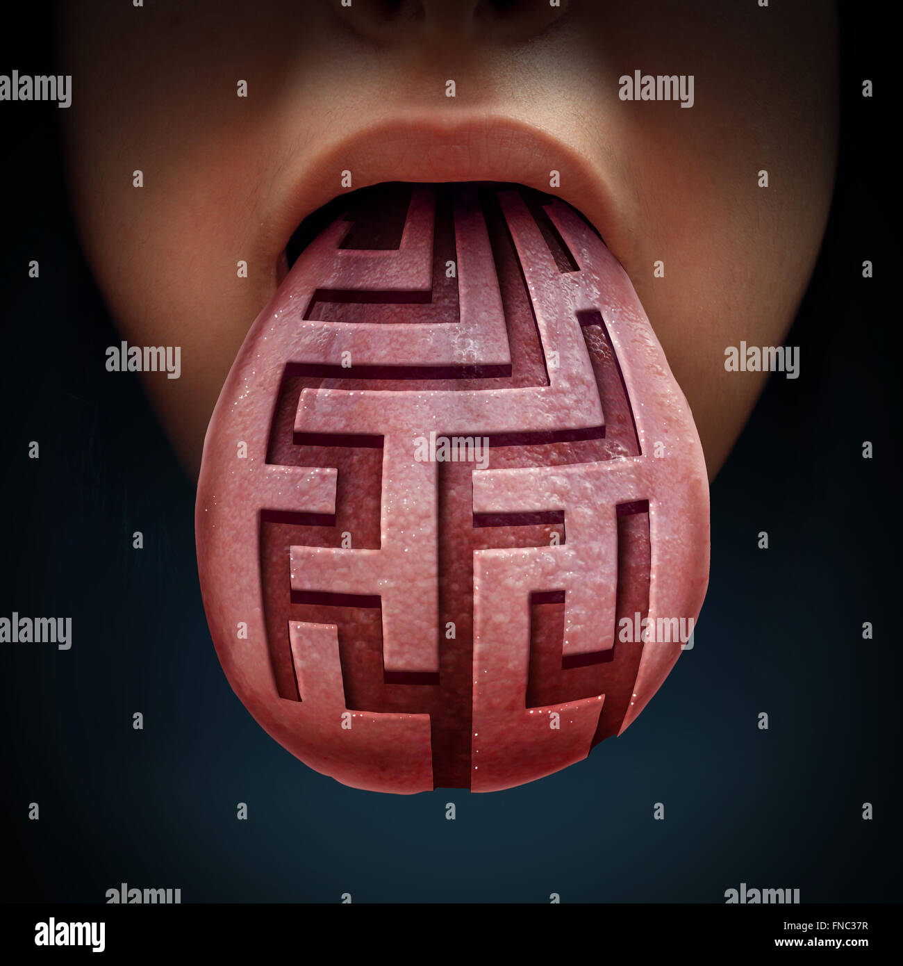 Trouble de l'alimentation et de l'alimentation excessive question de santé psychiatrique comme une langue avec l'un labyrinthe labyrinthe comme un motif ou symbole médical pour Anorexie Boulimie ou la purge les questions de maladie et de trouver des solutions. Banque D'Images